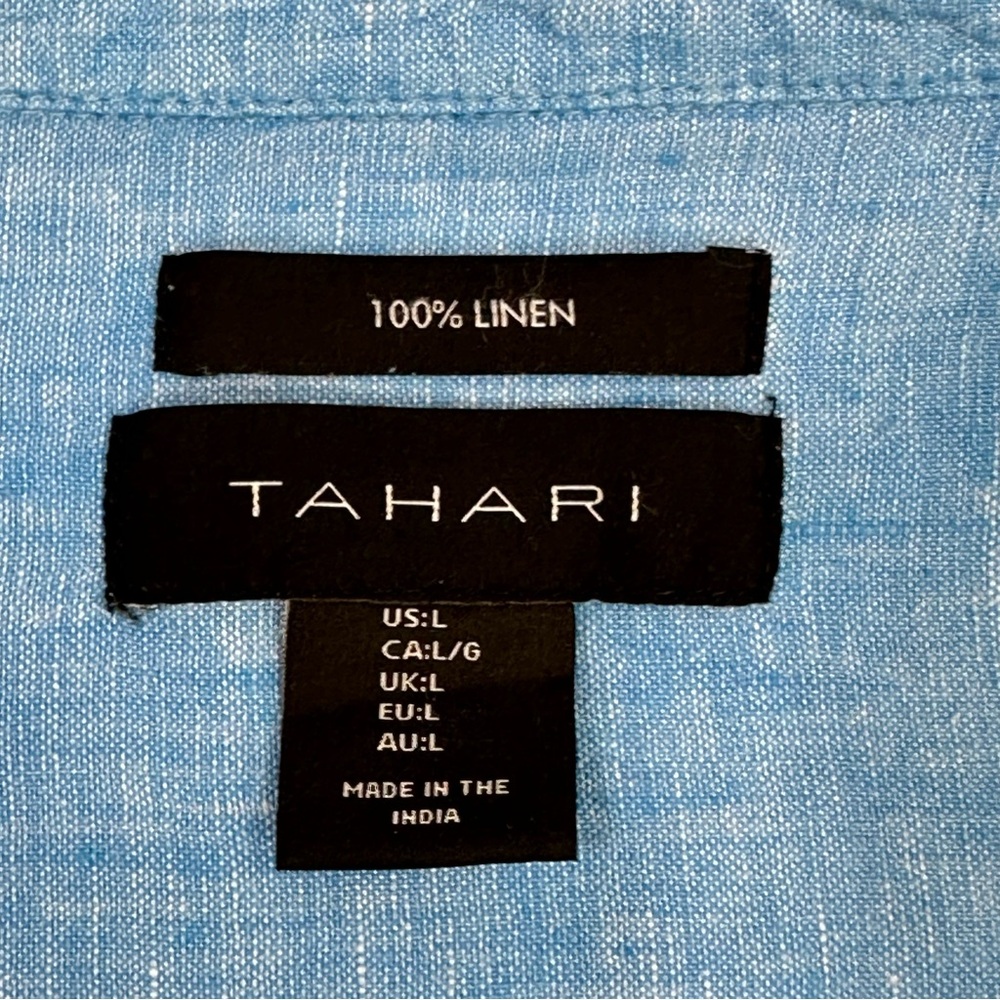 Tahari Top Blue Linen Collared V-neck 3/4 Sleeve Coastal Beachy Lightweight Sz L - Picture 5 of 12